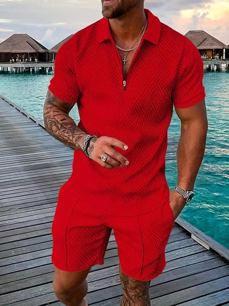 Heren Set Polo en Korte Broek – Slim Fit – Ademend Textuur – Ritssluiting – Casual