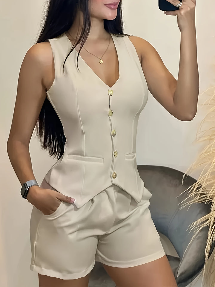 Cindy | Elegante Dames Gilet en Short Set met Knoopsluiting – Stijlvol Zomeroutfit voor Casual & Chic Look