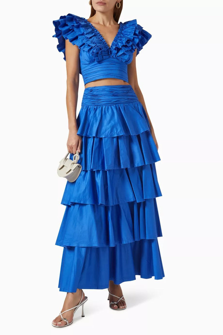 Dames Set – Crop Top met Ruffles – Maxi Rok met Tiers – Elegante Pasvorm