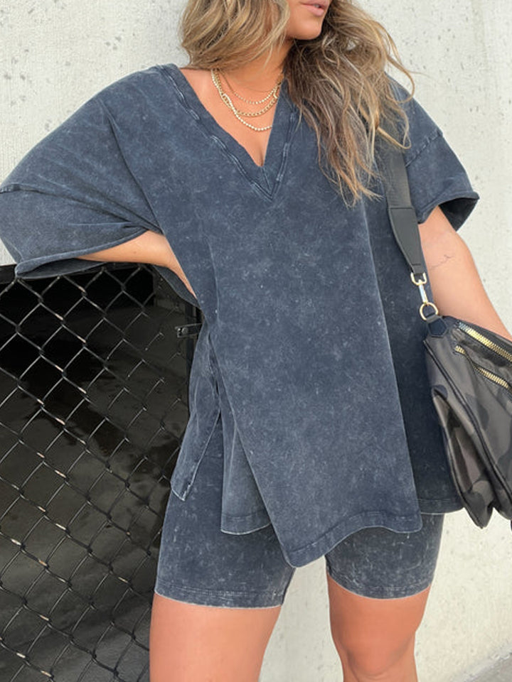 Dames T-shirt – Oversized Pasvorm – V-hals – Zijsplitten – Ademend Comfort