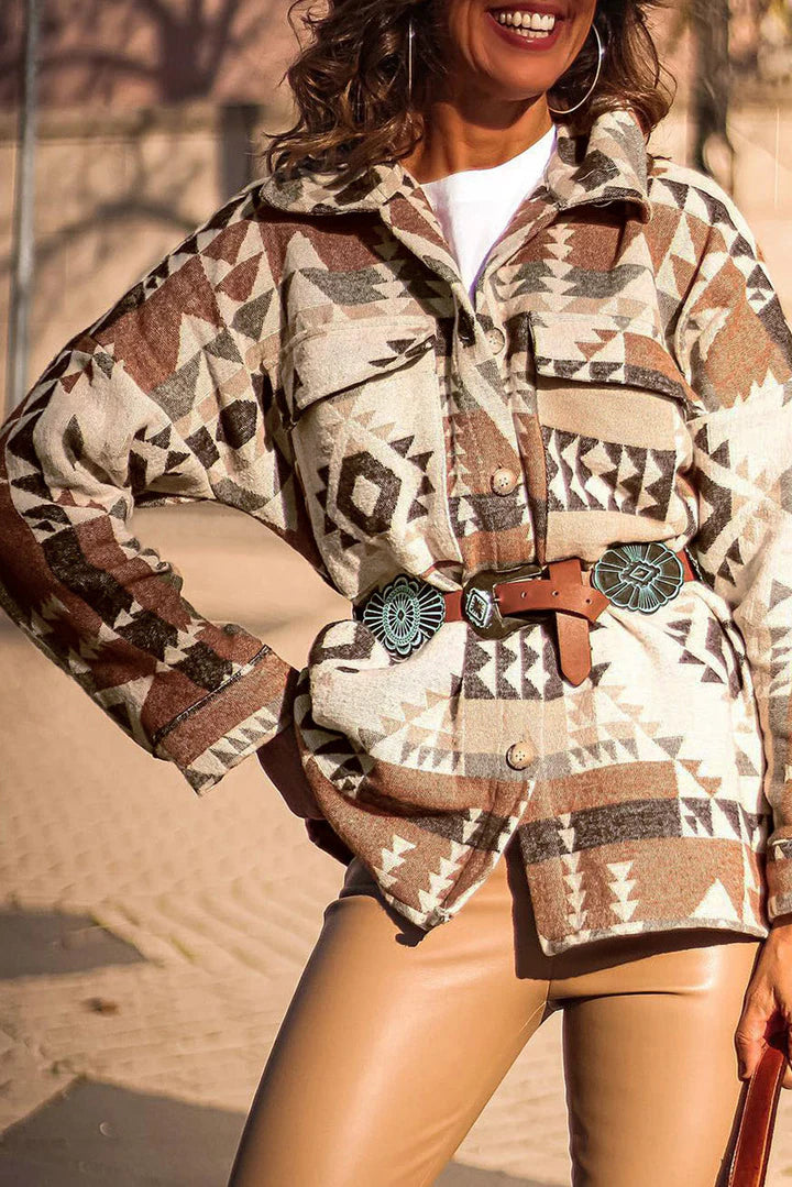 Fraje | Retro Bruin Geometrisch Print Jasje