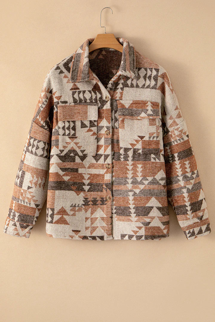 Fraje | Retro Bruin Geometrisch Print Jasje