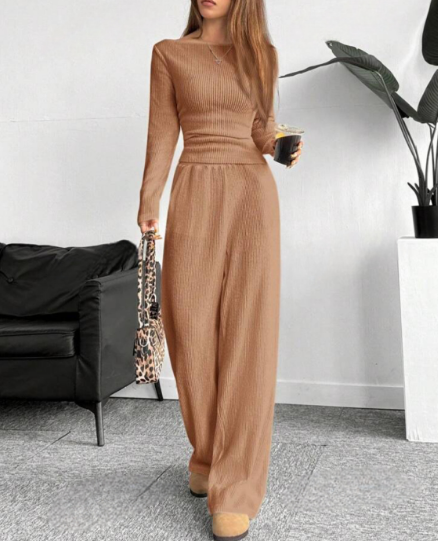 Cleo | Elegant Ribbed Lounge Set met Wijde Broek