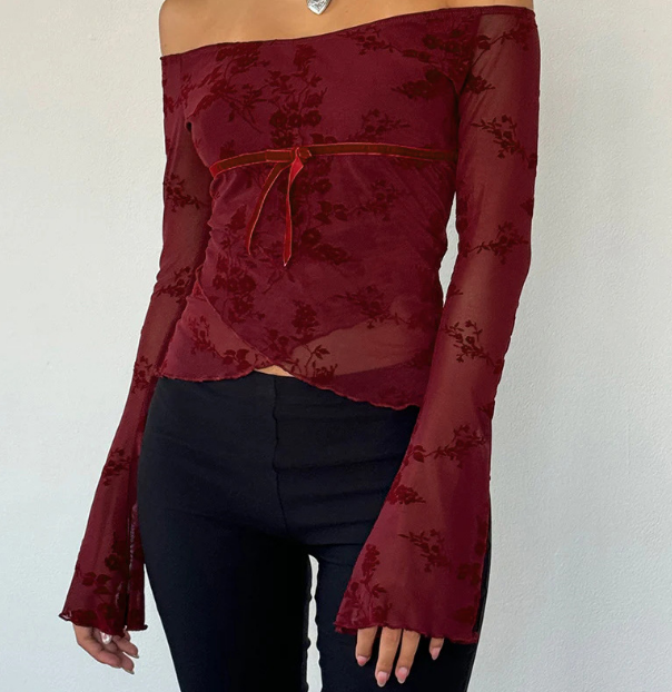 Hermine | Elegante Off-Shoulder Mesh Top met Bloemenmotief