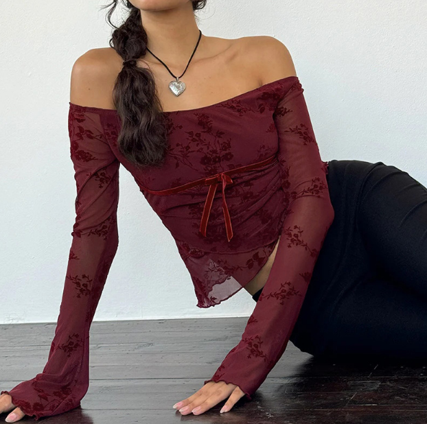 Hermine | Elegante Off-Shoulder Mesh Top met Bloemenmotief