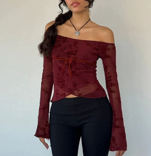 Hermine | Elegante Off-Shoulder Mesh Top met Bloemenmotief