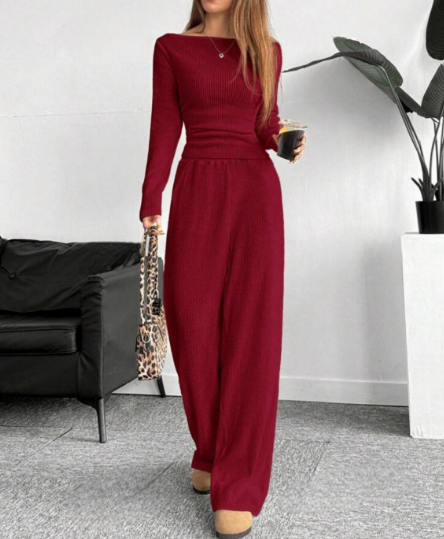 Cleo | Elegant Ribbed Lounge Set met Wijde Broek