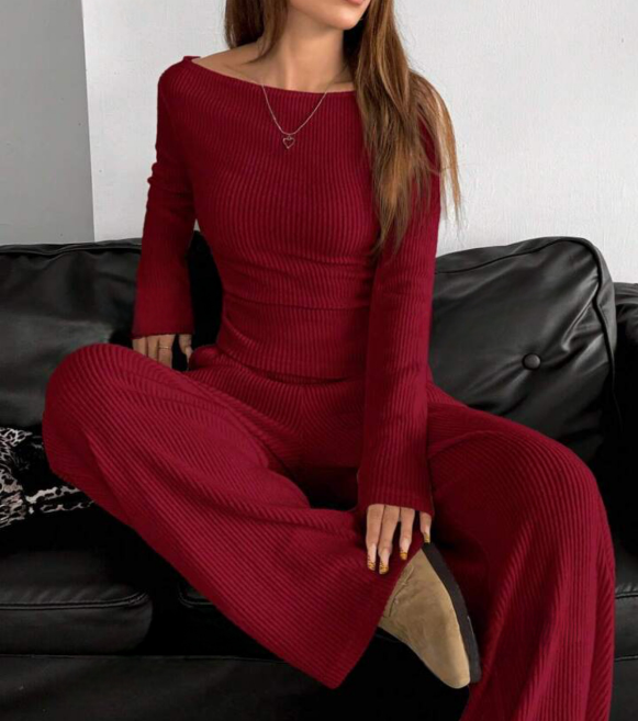 Cleo | Elegant Ribbed Lounge Set met Wijde Broek