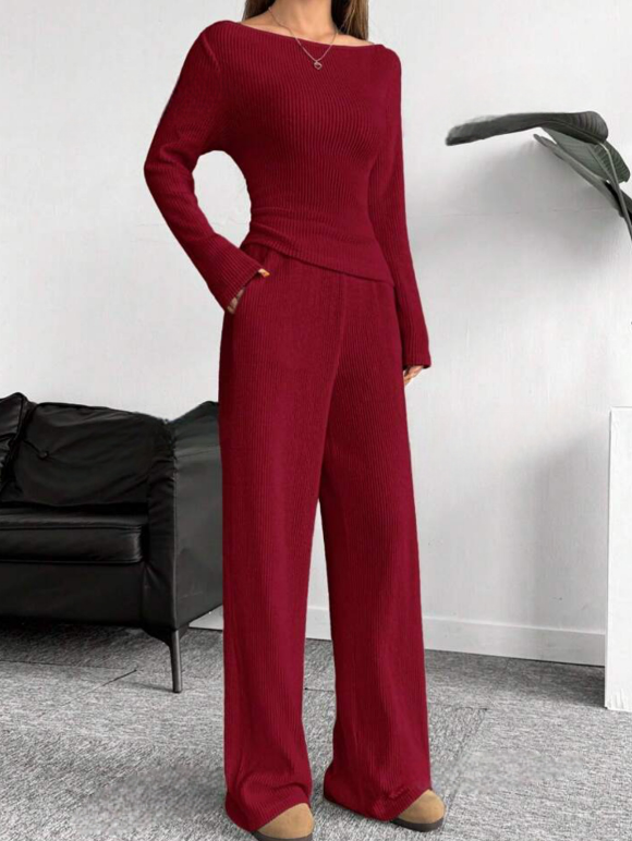 Cleo | Elegant Ribbed Lounge Set met Wijde Broek