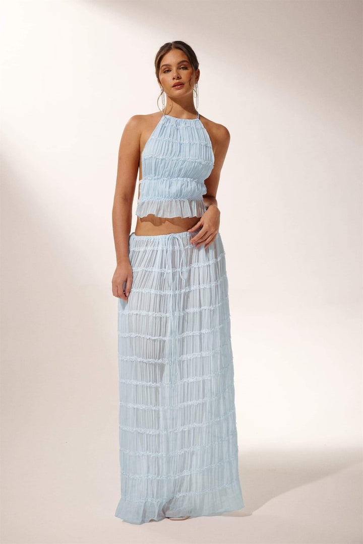 Dames Set – Halter Crop Top Rugloos – Geplooid – Flared Maxi Rok – Lichte Stof