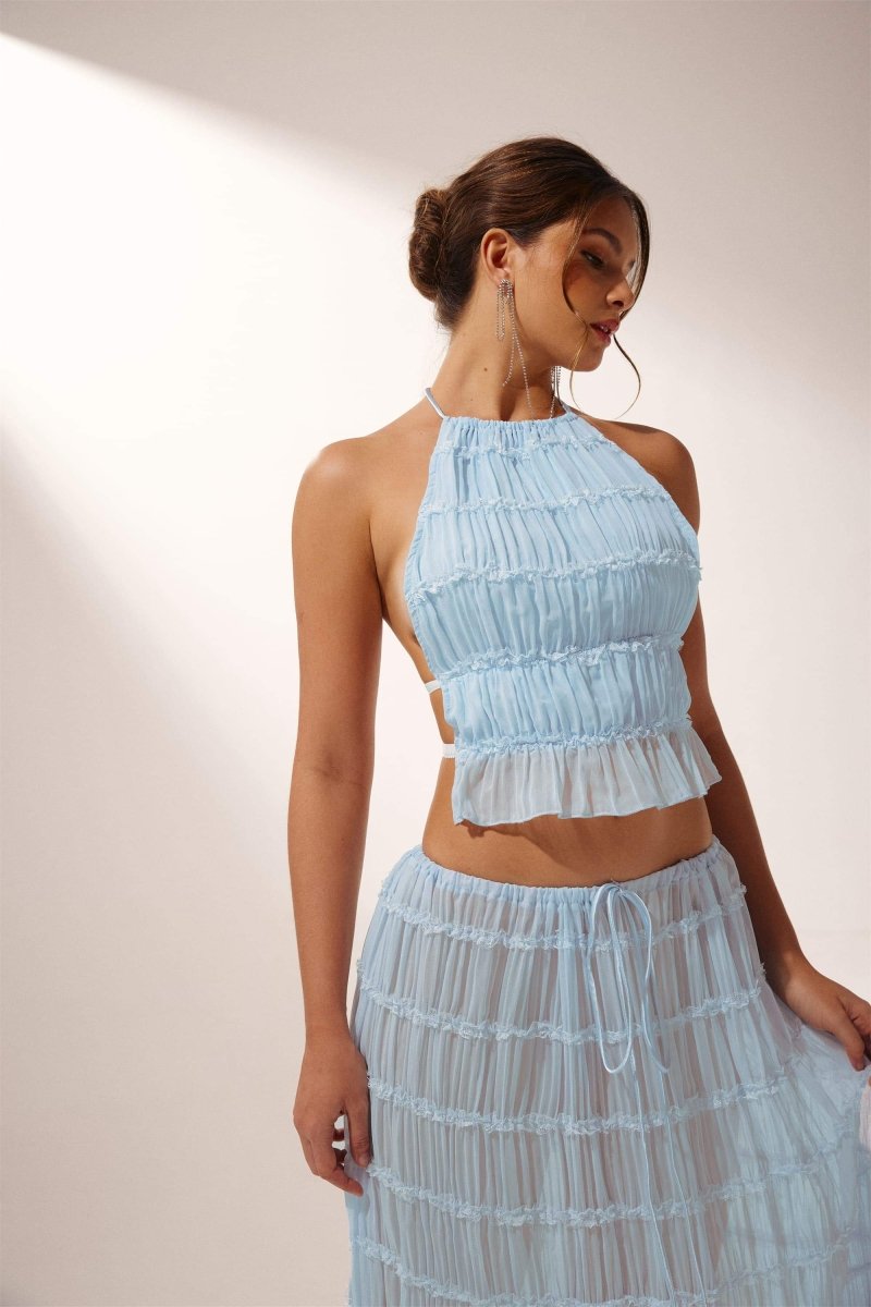 Dames Set – Halter Crop Top Rugloos – Geplooid – Flared Maxi Rok – Lichte Stof