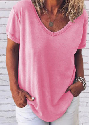 Selma Effen T-shirt met Korte Mouwen en V-Hals voor Dames