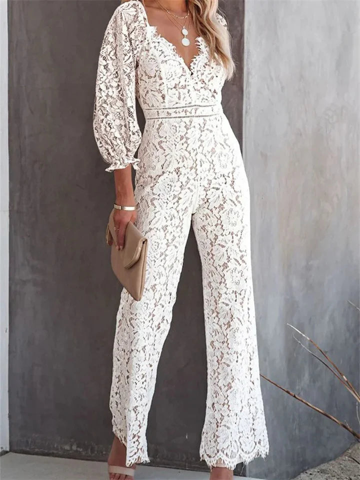 Silke – Witte Jumpsuit met Holle Bloemenprint en V-Hals voor Dames