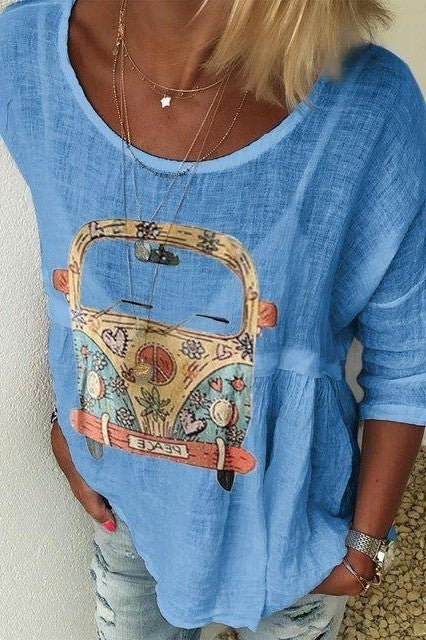Dames Casual Shirt – Relaxed Fit – Ronde Hals – Halve Mouw – Artistieke Print