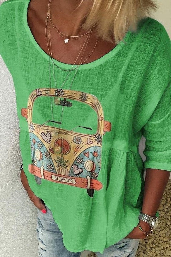 Dames Casual Shirt – Relaxed Fit – Ronde Hals – Halve Mouw – Artistieke Print