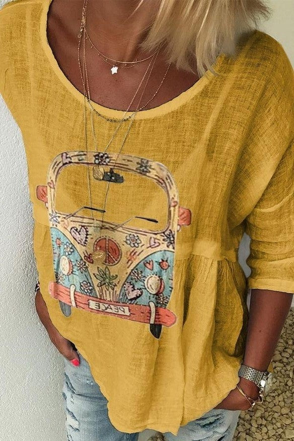 Dames Casual Shirt – Relaxed Fit – Ronde Hals – Halve Mouw – Artistieke Print