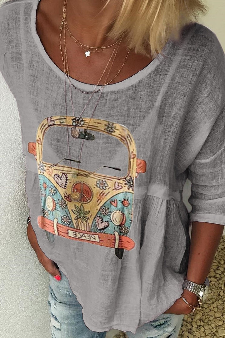 Dames Casual Shirt – Relaxed Fit – Ronde Hals – Halve Mouw – Artistieke Print