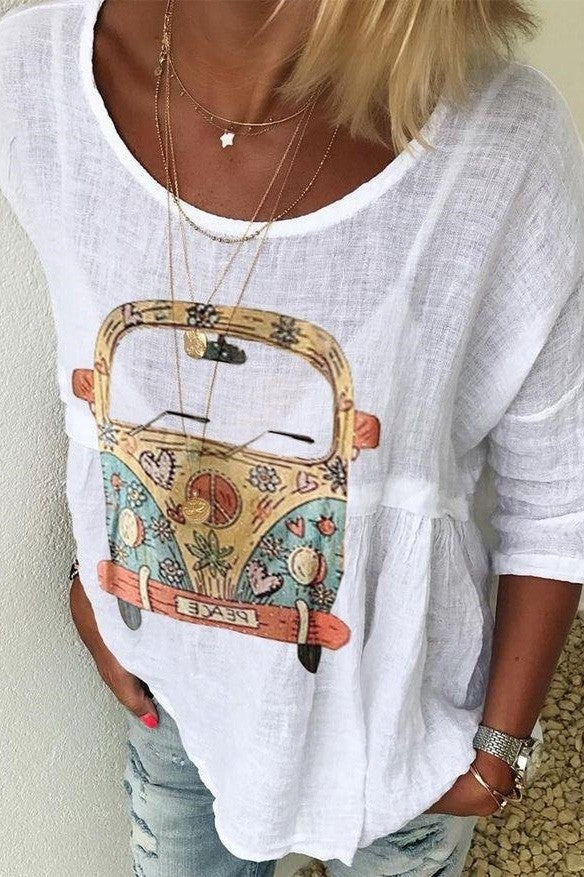 Dames Casual Shirt – Relaxed Fit – Ronde Hals – Halve Mouw – Artistieke Print