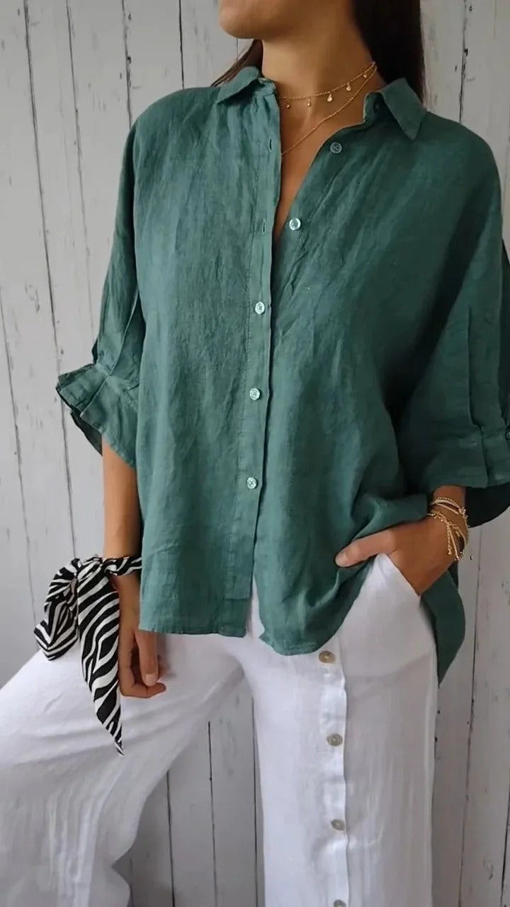 Dames Blouse – Los Model – Ademend Natuurlijk Textiel – Lange Mouwen – Verstelbare Manchetten