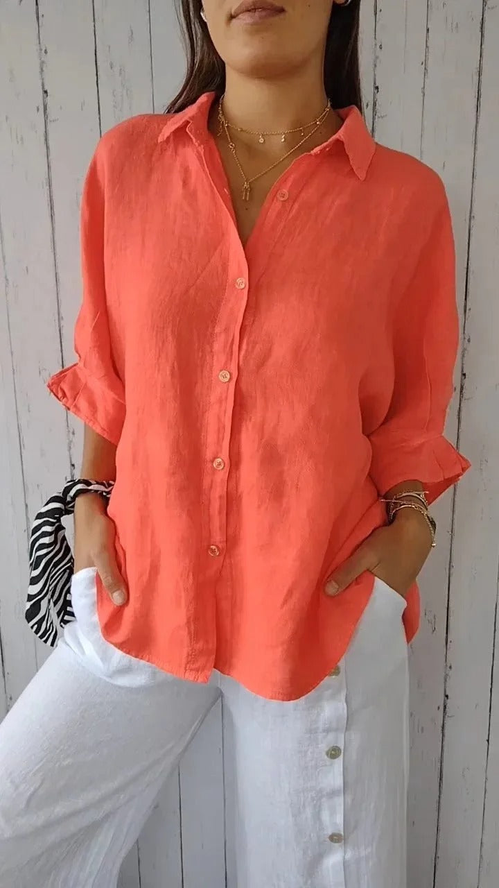 Dames Blouse – Los Model – Ademend Natuurlijk Textiel – Lange Mouwen – Verstelbare Manchetten