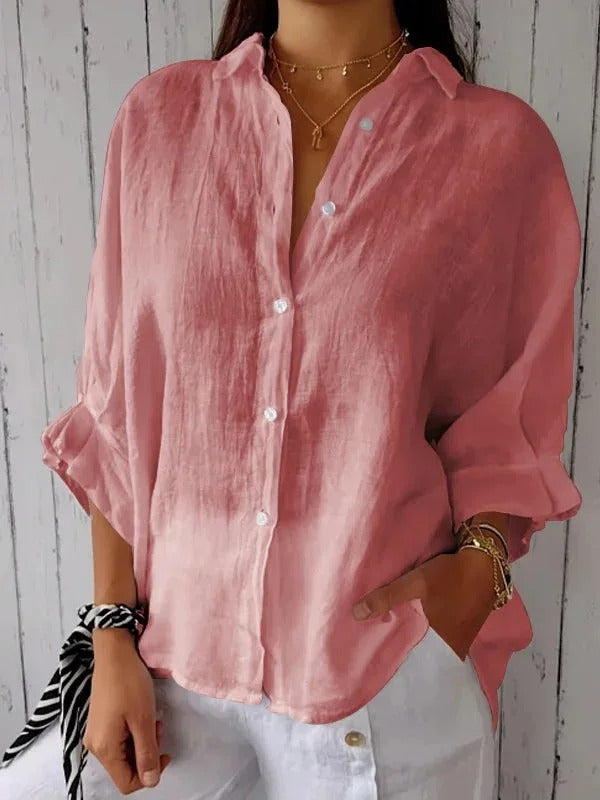 Dames Blouse – Los Model – Ademend Natuurlijk Textiel – Lange Mouwen – Verstelbare Manchetten