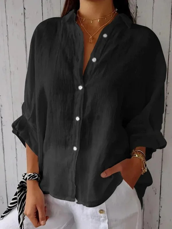 Dames Blouse – Los Model – Ademend Natuurlijk Textiel – Lange Mouwen – Verstelbare Manchetten