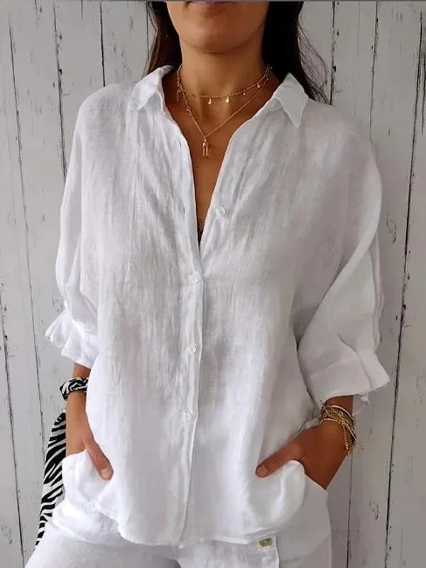 Dames Blouse – Los Model – Ademend Natuurlijk Textiel – Lange Mouwen – Verstelbare Manchetten