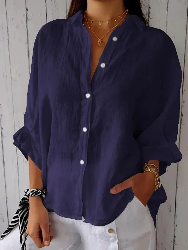 Dames Blouse – Los Model – Ademend Natuurlijk Textiel – Lange Mouwen – Verstelbare Manchetten